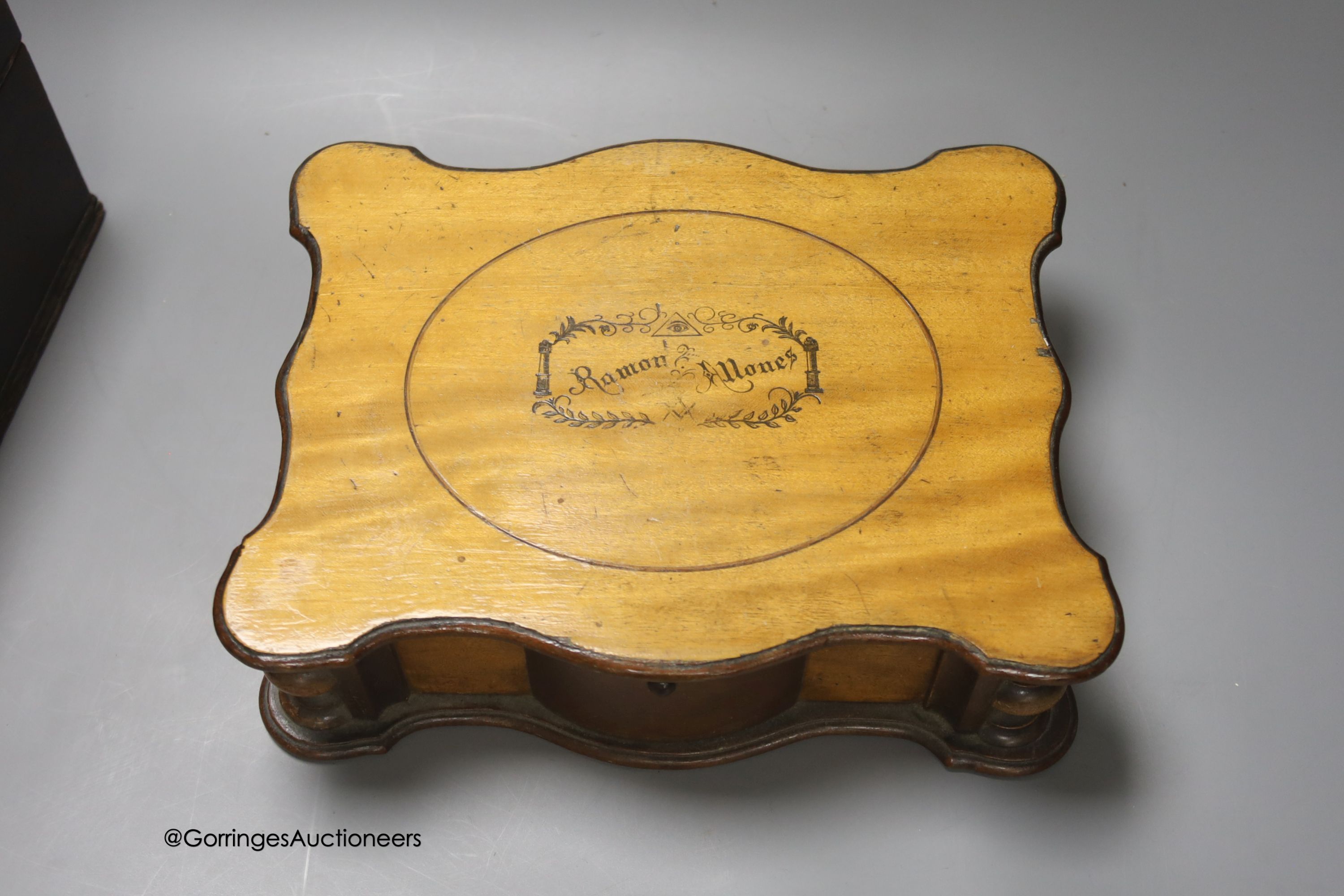 A mid 18th century mahogany tea caddy, 24cm, a rosewood cruet stand, one other box and a mallet with elm head